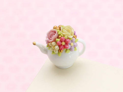 Decorative Pink and Yellow Roses Floral Miniature Teapot (6E) OOAK - 12th Scale Dollhouse Miniature
