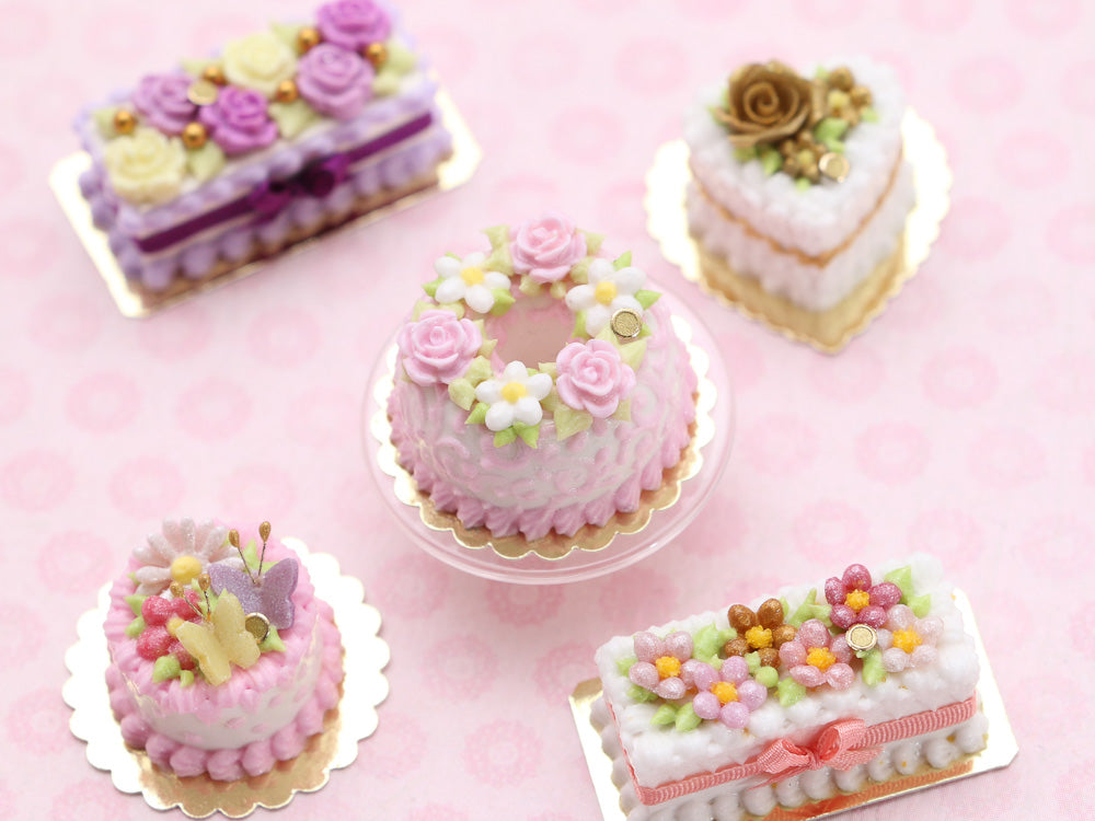 Savarin (Crown Patisserie) Decorated with Pink Flowers and Icing - Dollhouse Miniature Food