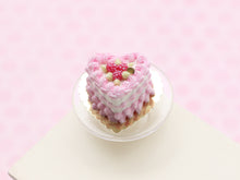 Load image into Gallery viewer, Heart-shaped Miniature Cake Decorated with Raspberries and Pink Icing - 12th Scale Handmade Food