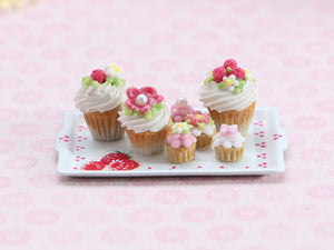 Raspberry and Pink Cupcakes on Tray - Handmade Miniature Food