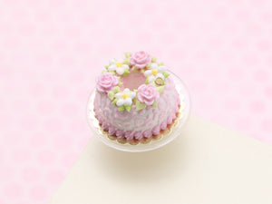 Savarin (Crown Patisserie) Decorated with Pink Flowers and Icing - Dollhouse Miniature Food