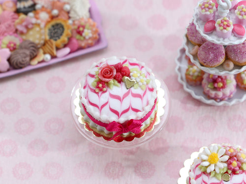 Raspberry Cake with Pink Rose and Feathered Icing - OOAK - Handmade Miniature Food