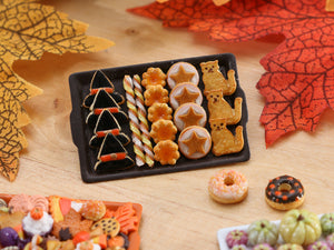 Tray of Halloween Cookies - Witches Hat, Gold Stars, Cat - Miniature Food