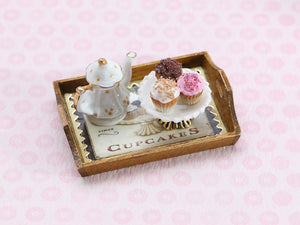 Trio of Cupcakes Set (Chocolate, Pink, Vanilla) with Matching Tray Elegant Teapot - Handmade Miniature Food
