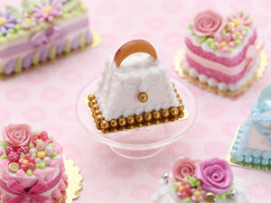White and Gold Handbag Cake - Handmade Miniature Food for Dollhouses in 12th Scale