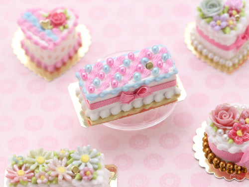 Rectangular Cake with Pink & Turquoise Pearls, Pink Bow - Handmade Miniature Food