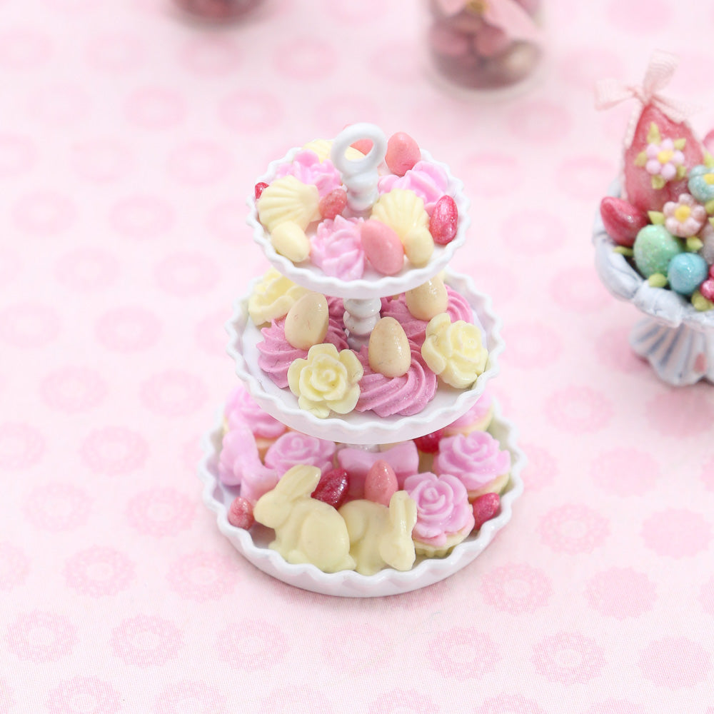 Pink and White Easter Treats on Three-Tiered Cake Stand - Miniature Food