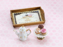 Load image into Gallery viewer, Trio of Cupcakes Set (Chocolate, Pink, Vanilla) with Matching Tray Elegant Teapot - Handmade Miniature Food