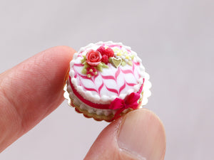Raspberry Cake with Pink Rose and Feathered Icing - OOAK - Handmade Miniature Food