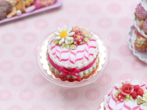 Cake with Daisy and Pink Feathered Icing - OOAK - Handmade Miniature Food