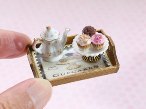 Trio of Cupcakes Set (Chocolate, Pink, Vanilla) with Matching Tray Elegant Teapot - Handmade Miniature Food