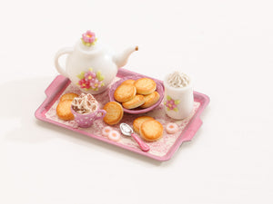 Pink Tea / Coffee time tray set with butter cookies and candy – Miniature Food