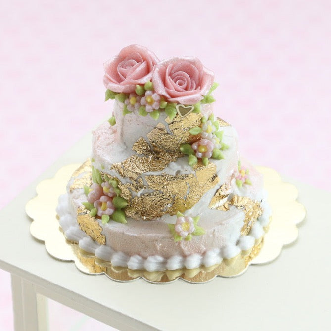 Three-tiered Wedding / Celebration Oval Cake, Gold Leaf, Pink Roses - OOAK Handmade Miniature