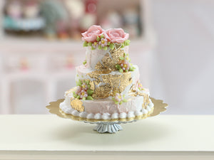 Three-tiered Wedding / Celebration Oval Cake, Gold Leaf, Pink Roses - OOAK Handmade Miniature