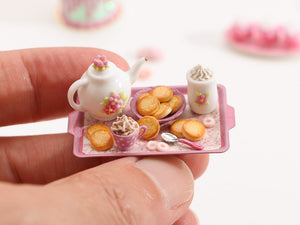 Pink Tea / Coffee time tray set with butter cookies and candy – Miniature Food