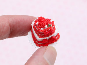 Heartshaped Two Tier Cake - Red Flowers - Love Collection - Handmade Miniature Food