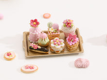 Load image into Gallery viewer, Beautiful presentation of pink miniature French pastries and treats on gold tray – Miniature Food