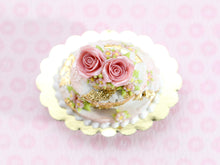 Load image into Gallery viewer, Three-tiered Wedding / Celebration Oval Cake, Gold Leaf, Pink Roses - OOAK Handmade Miniature