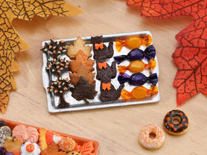 Tray of Halloween Cookies - Autumn Tree, Leaves, Black Cat, Wrapped Candy - Miniature Food
