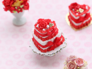 Heartshaped Two Tier Cake - Red Flowers - Love Collection - Handmade Miniature Food
