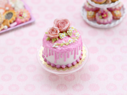 Pink Rose Drip Cake - Handmade Miniature Food