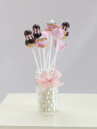 Cake Pops Display in Glass Jar - Tea / Coffee Time Themed - Handmade Miniature Food