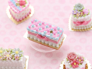 Rectangular Cake with Pink & Turquoise Pearls, Pink Bow - Handmade Miniature Food