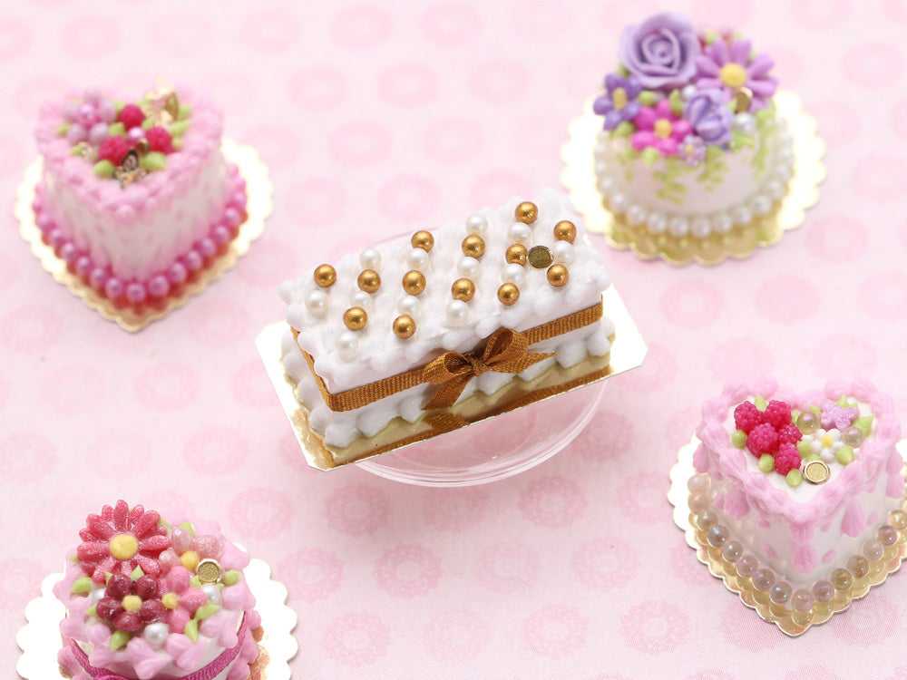 Rectangular Miniature Cake with Gold and White Pearls Decoration, Gold Ribbon - 12th Scale Dollhouse Food