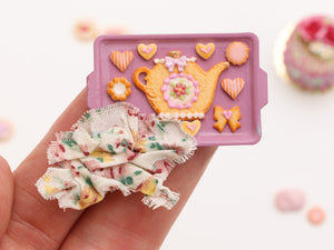 Cute cookies display (teapot, hearts, bow…) with tea cloth  – Miniature Food