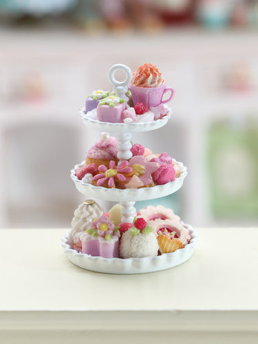 Pink Pastries, Cakes, Cookies, Desserts Presented on Three Tier Stand - OOAK Handmade Miniature