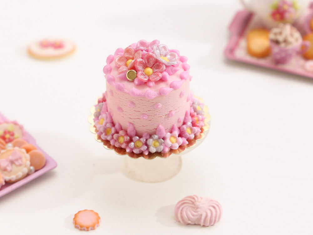 Pretty Pink Blossom and Polka Dot Cake - Miniature Food
