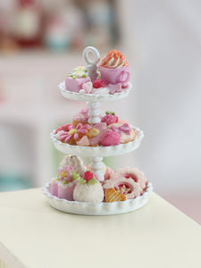 Pink Pastries, Cakes, Cookies, Desserts Presented on Three Tier Stand - OOAK Handmade Miniature