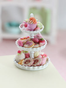 Pink Pastries, Cakes, Cookies, Desserts Presented on Three Tier Stand - OOAK Handmade Miniature