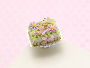 Rectangular Miniature "Garden" Cake, Butterflies and Marguerites - 12th Scale Dollhouse Food