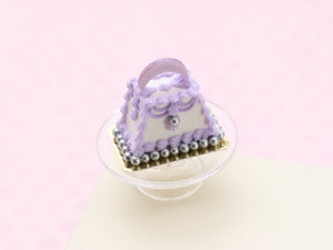 Elegant White and Lilac Handbag Cake - Handmade Miniature Food for Dollhouses in 12th Scale