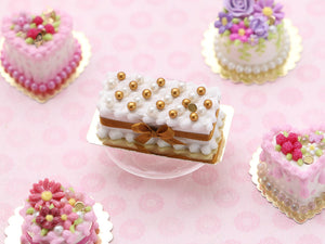 Rectangular Miniature Cake with Gold and White Pearls Decoration, Gold Ribbon - 12th Scale Dollhouse Food