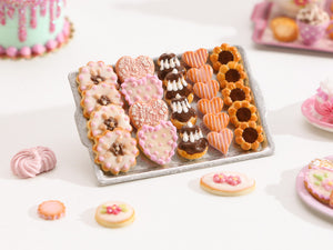 Assorted Butter Cookies on Metal Tray (Blossoms, Hearts, Religieuses, Chocolate) Miniature Food
