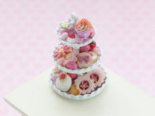 Load image into Gallery viewer, Pink Pastries, Cakes, Cookies, Desserts Presented on Three Tier Stand - OOAK Handmade Miniature