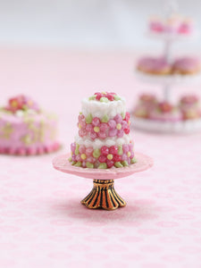 Two-tier Pink Blossom Cake on Cake Stand - OOAK - Handmade miniature Food