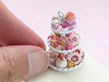 Load image into Gallery viewer, Pink Pastries, Cakes, Cookies, Desserts Presented on Three Tier Stand - OOAK Handmade Miniature