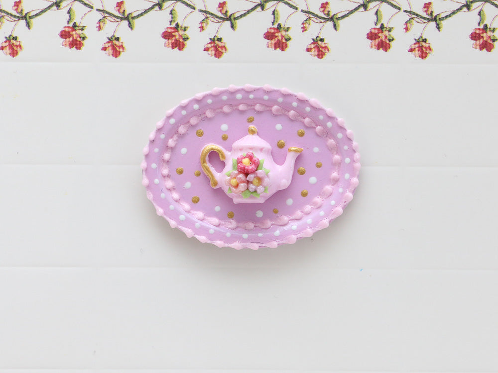 Pink Decorative Oval Wall Display with 3D Teapot - Dollhouse Miniature Decoration