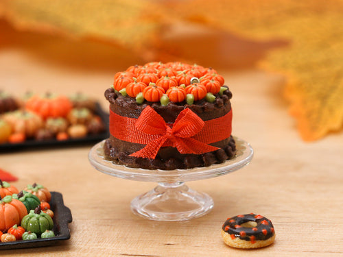 Chocolate Cake Decorated with Tiny Pumpkins - Miniature Food