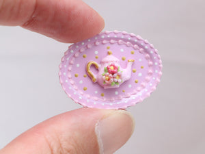 Pink Decorative Oval Wall Display with 3D Teapot - Dollhouse Miniature Decoration