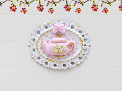 Pink and White Decorative Oval Wall Display with 3D Teapot - Dollhouse Miniature Decoration