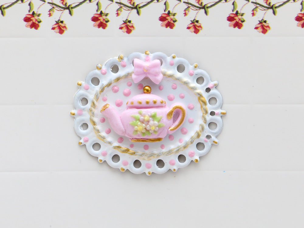 Pink and White Decorative Oval Wall Display with 3D Teapot - Dollhouse Miniature Decoration