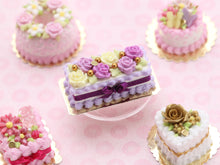 Load image into Gallery viewer, Rectangular Cake Decorated with Lilac and White Chocolate Flowers, Purple Silk Bow - Handmade Miniature Food