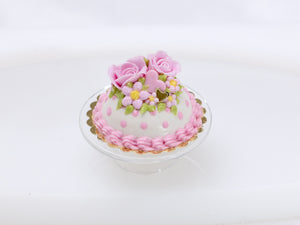 Dome Cake with Pale Pink Roses and Icing - 12th Scale Dollhouse Miniature