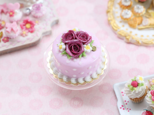 Pink Cake with a trio of Purple Roses - OOAK - Miniature Food in 12th Scale