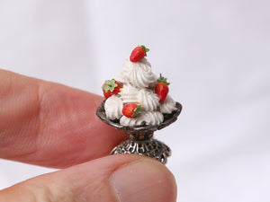 French Meringues and Strawberry on Ornate Stand - Handmade Miniature Food