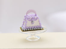 Load image into Gallery viewer, Elegant White and Lilac Handbag Cake - Handmade Miniature Food for Dollhouses in 12th Scale